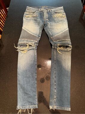 Balmain Distressed Skinny Moto Jeans - Light Blue Wash